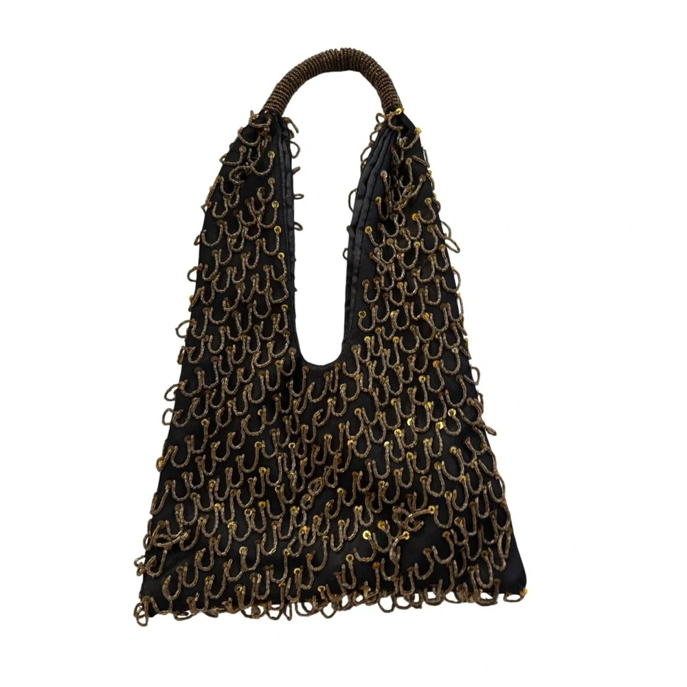 Vintage inspired Beaded Sequin Evening Bag Black Bronze Gold Hobo Handbag